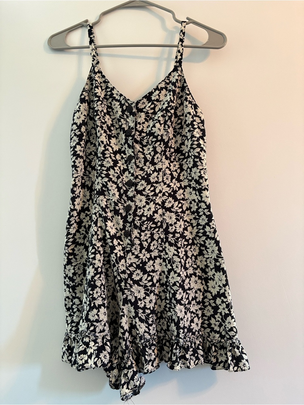 Black Floral Mini Romperwith Ruffle Detail